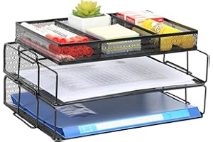 EasyPAG 2 Tier A4 Mesh in Trays Stackable Office Desk Tidy File Holder Magazine Storage Paper Organiser with Top Stationery Holder,Black