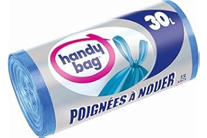Handy Bag 15 Sacs Poubelle 30 L, Poignées à Nouer, Fermeture Hermétique, Anti-Fuites, 50 x 64 cmcm, Bleu, Opaque