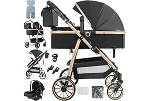 Prokoke Carrito Bebe 3 en 1, Carro Bebe 3 Piezas con Empuje Reversible de Dos Vías, Cochecito Bebes Tres Piezas con Estructura de Aleación Aluminio, Coche Tres en 1 Recién Nacidos (V8 Black Gold)