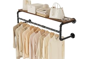 Yawinhe Industrial Pipe Wall Mounted Garment Rack, with Top Shelf, 105cm Heavy Duty Detachable Multi Purpose Hanging Rod, Space Saving Hanger with 4 Bases, for Shops, Homes, and Closets
