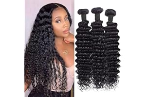 WENYAN Tissage Naturel Cheveux Humain en lot Tissage Bouclé Naturel Deep Wave Human Hair Bundles (20 22 24 Pouces) Tissage bresilien Extension Cheveux Couleur Naturelle (Total 210g)