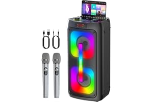 GESNADA Máquina de Karaoke 2 microfonos inalambricos,Altavoz Karaoke Profesional Completo,Bluetooth portátil con Luces LED,Sistema PA,para Fiestas,Regalo,al Aire Libre,soporta Bluetooth/TF/USB/AUX/TWS