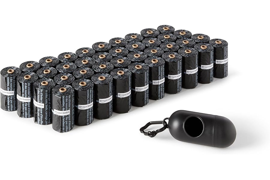 Amazon Basics Bolsas de basura para perros con dispensador y clip para correa, sin perfume, 600 bolsas (40 paquetes de 15 bol