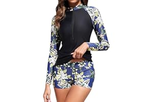 TERODACO Half Zip Women Rash Vest Built in Bra 2 Piece Womens Swim Shorts and Top Set UPF50+ Long Sleeve Ladies Swimsuit Surfing Rash Guard,Quick Dry Soft Stretchy