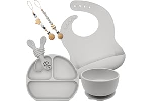 SILICOMAN Vajilla Bebe Silicona Set Bebe 7 pcs - Plato Bebe Ventosa + 2 Cucharas Aprendizaje + 2 Chupetero Silicona + Cuenco + Babero Silicona - Libre BPA, BLW, Ventosas Extrafuertes (Gris)