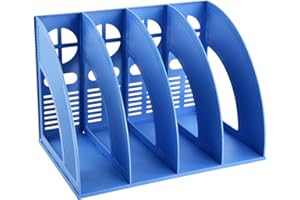 PTJJXA Classeur de Bureau Vertical, 4 Compartiments Porte-Revues Support Organiseur de Bureau, Rangement Bureau Porte Document en Plastique, Porte-Dossier pour Magazine Papier A4 Livre Cahier CD (Bleu)