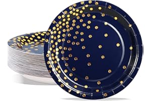 AIPartywar Platos de Papel, 50 piezas Platos de postre de fiesta Azul Marino con Puntos de lámina dorada 23cm Platos desechables para Cumpleaños, boda, Aniversario, Fiesta