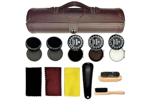 Ylluuoe 12PCS Compact Shoe Polish Kit,Leather Boot Cleaning Shine Care Barrel Set with Horsehair Brush & Wooden Applicator Shine Cloth & Shoe Horn for Brown Black Leather