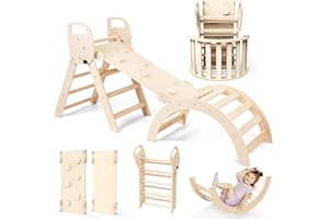 Woodure 7-in-1 Montessori Klettergerüst Indoor Set, Verformbares Kletterdreieck mit Rutsche & Kletterbogen, Hölzernes Pikler Dreieck zum Baby Klettern, Klettergerüst Montessori Spielzeug ab 1-6 Jahre