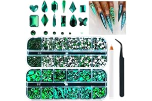ALOCIAM 2680 Pcs Strass art d'ongle, Strass à ongles en vert, Diamants en Cristal à Dos Plat 18 Formes Diamant Décoration Ongles Brillant Coloré，Cristal Strass Gemmes de Strass Ronds pour Art d’Ongles