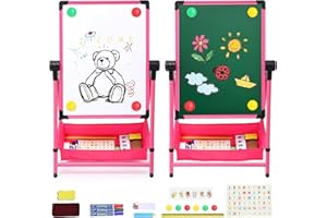 NUKDEY Kids Art Easel Double-Sided Whiteboard Chalkboard Iron Easels 26-43in(66-110cm) Height Adjustable Foldable Standing Easel 360° Rotating Painting Easels with Bonus Letters and Numbers Accessories