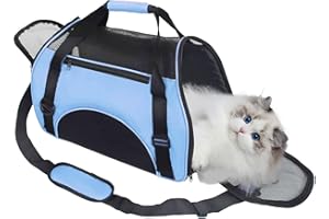 DAWOO Cat Carrier, Portable Pet Carrier Foldable Soft Sided Cat Travel Carrier Airline Approved Cat Carrier bag Breathable with Mesh Top and Sides 43x20x28cm, Blue