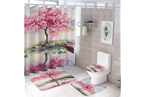 COALHO Acuarela hermosa floral creativo baño cortina de ducha conjunto japonés flor flor de loto barco reflejo antideslizante impermeable alfombra de baño alfombra de inodoro, 183 x 183 cm