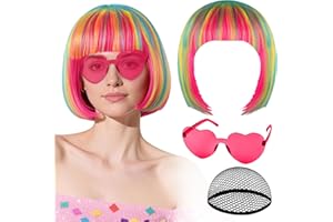 PLULON Pink Blue Bob Wig with Heart Sunglasses and Hair Cap, Colorful Short Bob Wigs Synthetic Party Wigs Funny Cosplay Hairpieces for Women Men Daily Bachelorette Halloween Costume Party Decorations