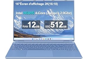 AOCWEI Ordinateur Portable 16" 12 + 512 Go Derniers processeurs N5095 (jusqu'à 2,9 GHz) PC Win 11 4 cœurs 1920 x 1200 Écran 2K Prise en Charge Prise Double WiFi 2,5" HDD 1 to SSD Expand-Bleu