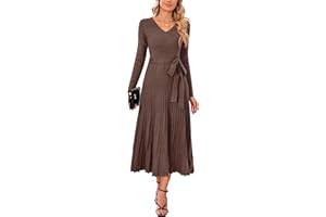 Arach&Cloz Strickkleid Damen Herbst Winterkleid Lang Plissee V-Ausschnitt Langarm Pulloverkleid Elegant Midi Kleider Winter