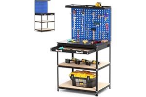 SOARS Banco da Lavoro, Organizer per Attrezzi in Metallo con 2 Pannelli Perforati con Kit di 19 Ganci, Cassetti e 2 Ripiani, Banchi da Lavoro per Officina, Garage (Blu, 81 X 41 X156 CM)