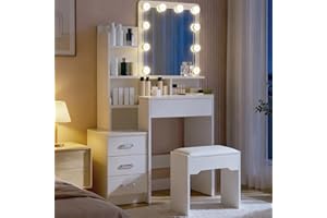TUKAILAI Schminktisch mit LED Beleuchtung und Hocker, Frisiertisch mit Spiegel LED, 4 Schubladen 6 Offenen Ablagen, Weiß Schminktisch Klein Modern für das Schlafzimmer 87x40x149cm