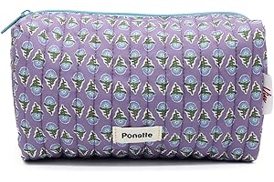 PONETTE - Neceser Mujer Vive Grande de Tejido Acolchado en Morado Estampado Flores, Forro, Cremallera a Contraste, Viaje, Piscina, Gimnasio, Estuche, Bolsa de Aseo, Marca Española