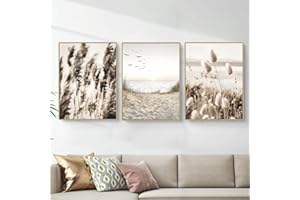 EXQUILEG Zestaw 3 plakatów, obrazy ścienne w stylu boho, beżowe, natura, trawa pampasowa, nowoczesne obrazy, dekoracja ścienna w stylu vintage, dekoracja do salonu, sypialni, bez ramy, beżowe plakaty (50 x 70 cm)