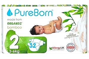 PureBorn Couches Écologiques en Bambou, Taille 2 (3-6 kg), 32 pièces, Hypoallergénique, Ultra Douces, Imprimé Assorti, Indicateur d'humidité