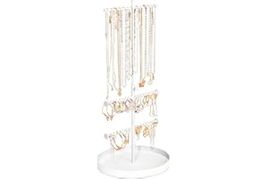 JUPELI Jewellery Stand Organiser, 3-Tier Adjustable Height Metal Tree Jewellery Necklace Display Stand Earrings Holder with Tray for Home, Storage for Necklaces Rings Earrings Gifts for Women Girls