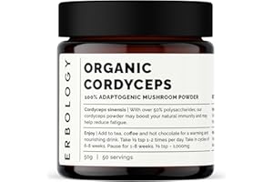 ERBOLOGY Poudre de Champignon Cordyceps Bio 50 g - 100% Bio - 47% Bêta-glucanes - Énergie et Performance - Cordyceps Sinensis - Petit Lot - Cultivé Durablement en Europe - Végétalien et Sans Gluten