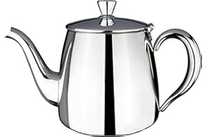 Café Olé PT-035 Premium Tea Pot, 18/10 Stainless Steel, Mirror Polished, 35oz, Stay Cool Hollow Handles, Perfect Pour Spout, Silver, 32oz