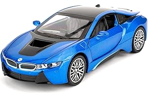 TGRCM-CZ 1/32 BMW I8 modellino auto, in lega di zinco pull back auto giocattolo con suono e luce per bambini ragazzi ragazze regalo (blu)