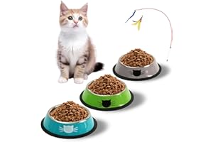 MYTHOSURGE Katzennapf 3er Set + Katzenspielzeug, Futternapf Katze, Edelstahl-katzennäpfe,Katzenschüssel, Fressnapf Katze, Wasser Fütterung Schüssel, für Katzen und kleine Hundetiere (Blau + Grün + Silber)