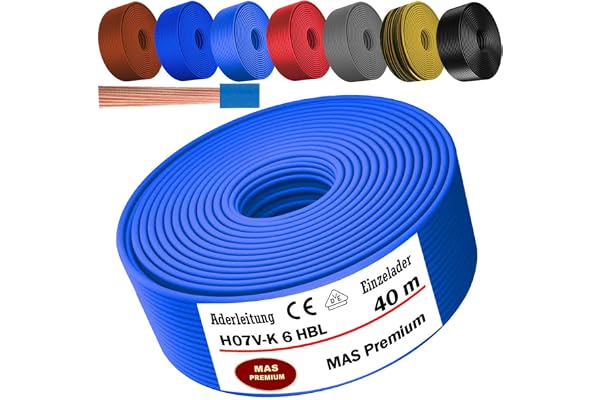 MAS Premium Från 5 till 100m ledning H07 V-K 6 mm² Svart Brun Mörkblå Gröngul Grå Röd Orange eller ljusblå Enkel ledning flexibel (Ljusblå, 40m)