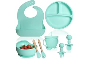 Bluet B Baby - Vajilla Bebe Silicona - Plato Bebe Ventosa - Vajilla Infantil Antideslizante sin BPA - Set Silicona Platos Bebe - Cubiertos Bebe BLW - 8 piezas - Verde