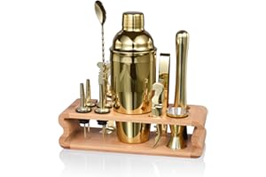 Quilamix 12-teiliges Cocktail Shaker Set mit Bambusständer, 750ml Edelstahl-Barkeeper-Set für Mixgetränke, Geschenk für Freunde, Männer, Frauen, mit Rezeptheft