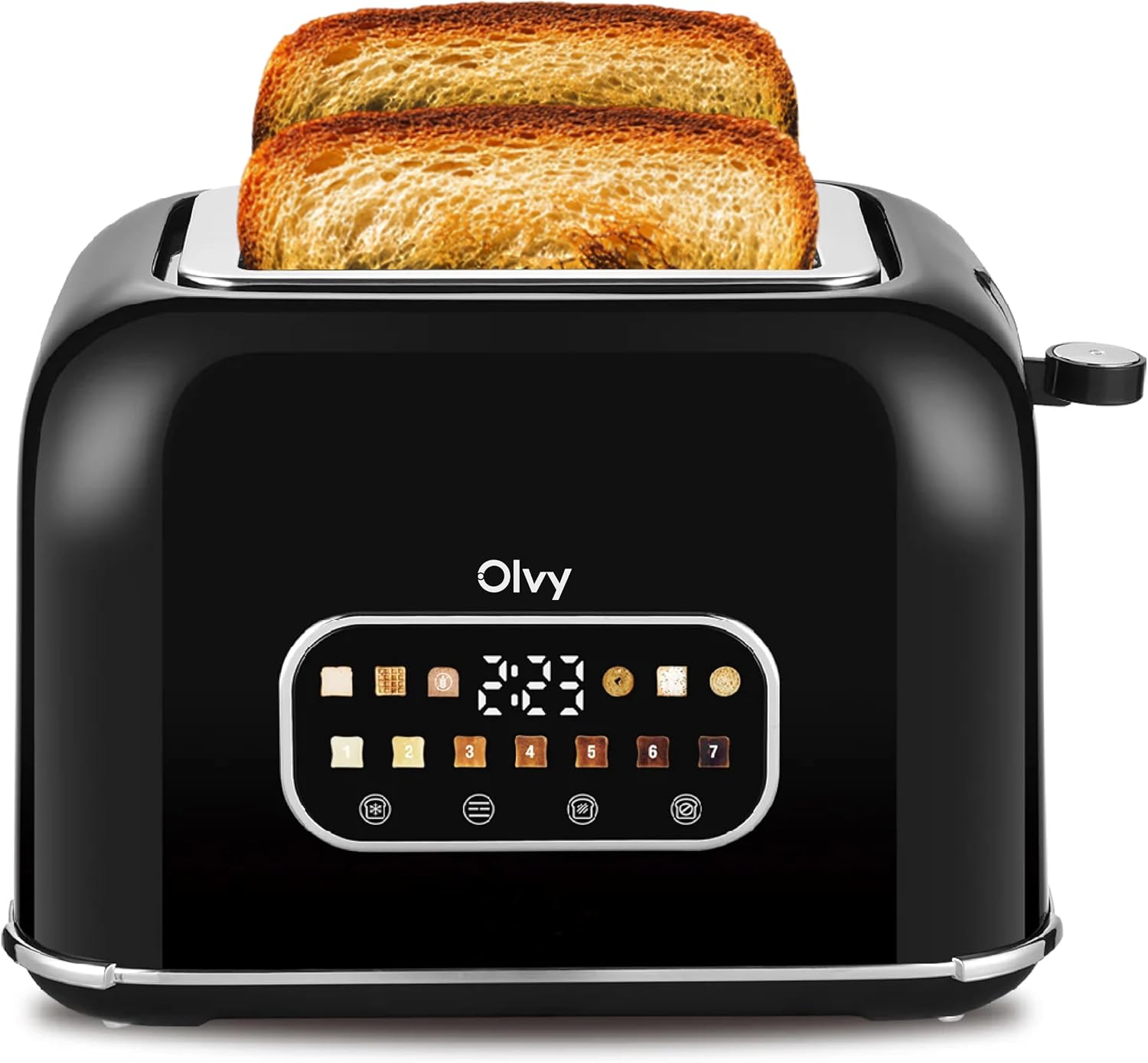 Tostadora Olvy 900W con LCD y Temporizador – 7 Niveles de Tostado, Ranuras Extra Anchas, Función Descongelar y Recalentar, Bandeja Recogemigas – Tostadora para Pan y Bagels