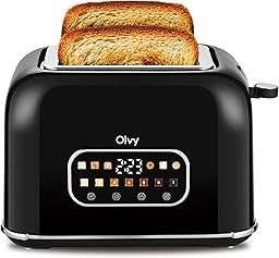 Tostadora Olvy 900W con LCD y Temporizador – 7 Niveles de Tostado, Ranuras Extra Anchas, Función Descongelar y Recalentar, Bandeja Recogemigas – Tostadora para Pan y Bagels