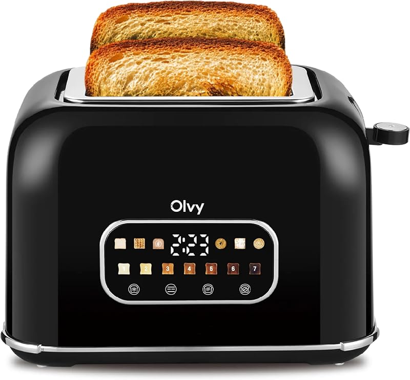 Tostadora Olvy 900W con LCD y Temporizador – 7 Niveles de Tostado, Ranuras Extra Anchas, Función Descongelar y Recalentar, Bandeja Recogemigas – Tostadora para Pan y Bagels