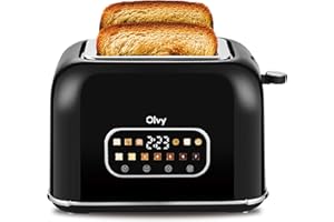 Tostadora Olvy 900W con LCD y Temporizador – 7 Niveles de Tostado, Ranuras Extra Anchas, Función Descongelar y Recalentar, Bandeja Recogemigas – Tostadora para Pan y Bagels