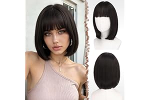 FESHFEN Marron Noir Courte Bob Perruque avec Franges, 30 cm Droites Coloré Perruques de Cheveux Synthétiques Cosplay Utilisation Quotidienne De La Fête pour Femmes Carnaval Straight Bob Wig With Bangs