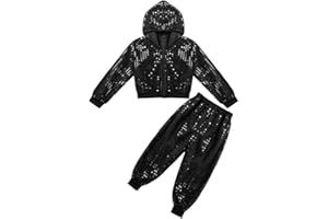 inlzdz Unisex Kinder Pailletten Tanzkleidung Set Langarm Glitzer Jacke mit Hip Hop Hose Glänzend Jazz Hip Hop Dancewear Performance Tanzkostüm