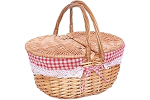 Marooma Wicker Picnic Basket with Removable Liner, Empty Picnic Baskets with Lid Picnic Hamper with Foldable Woven Handle Oval Wicker Basket for Picnic Camping Outdoor (B)