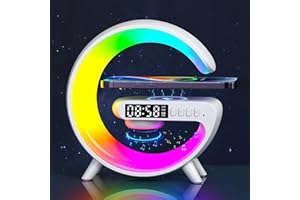 DECHOGA Night Light Lamp with Wireless Charger,Bluetooth Speaker with Alarm Clock,G-Shaped Wireless Charger Atmosphere Lamp Via USB-C Connection,Sunrise Alarm Clock with Music,Dimmable LED Table Lamp-White
