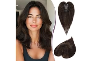 RUWISS Topper Cabello Humano Mujer Real Humano Ligero Castaño Oscuro con 15% Rubio Cacao Oscuro Clip en Pieza de Pelo para Adelgazamiento de Cabello Esponjoso Liso Topper sin Flequillo