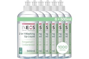 INEOS Next-Gen 2in1 Washing Up Liquid, 3L (500ml x 6), 1000 Sinkfuls, Dishwashing + Handwashing, Plant Powered, Bergamot + Cedarwood, Packaging May Vary