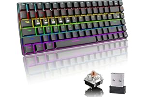 MAMBASNAKE Mechanical Gaming Keyboard, Bluetooth/2.4GHz Wireless/Wired 3-mode Brown Switch 84 Keys Compact Keyboard, Rechargeable 3000 mAh Battery, 20 LED Rainbow Backlit Mode, Suitable for Typist & Games