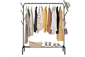 ACCSTORE Drying Rack Metal Garment Rack Freestanding Hanger Bedroom Clothing Rack With Lower Storage Shelf for Boxes Shoes and Side Hooks,Black