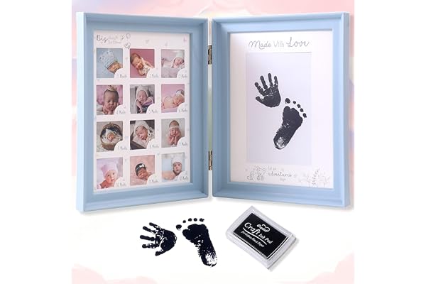 LEcylankEr Kit Empreinte Pieds et Mains Bébé,Cadre Photo Registre de Croissance de La Première Année Cadeaux pour Bébé, Pliable Cadre Photo Bidirectionnel Avec Tampon Encreur Rechargeable (Bleu)