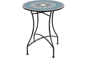 RELAX4LIFE Round Mosaic Table, Garden Side Coffee Table with Non-Slip Foot Pads, Outdoor Dining Bistro Table for Patio, Balcony and Backyard (Blue, Floral Pattern)
