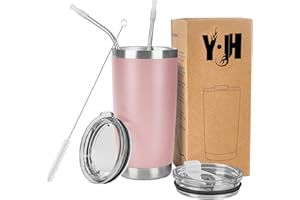 YJH Y·JH 20oz (550ml) Taza Termo Cafe Para Llevar - Vaso Con Pajita - Taza Térmica de Acero Inoxidable Reusable - 2 Tapas a Prueba de Salpicaduras Pajitas - Rosa