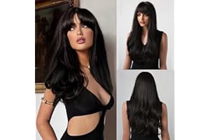 Honygebia Peluca Negra con Flequillo - Pelucas Negras para Mujer, Cabello Sintético Resistente al Calor de Aspecto Natural - Las Mejores Pelucas para Halloween/Fiesta