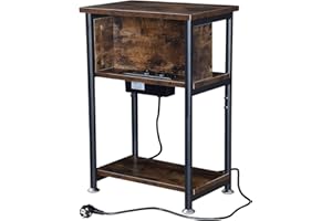 Hibisaws Stolik nocny z gniazdkiem, stolik kawowy z 2 portami USB, 2 przyłącza AC, stolik nocny 26 x 40 x 59 cm, stolik nocny do salonu, sypialni, kolor brązowo-czarny